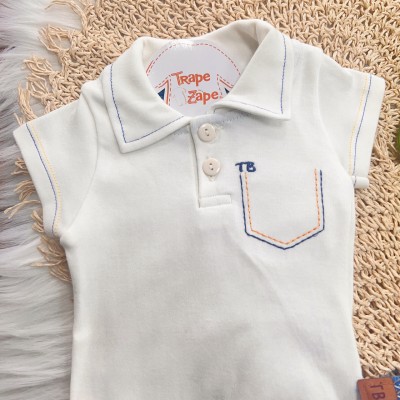 Conj. Body Bolsinho Bordado e Bermuda Saruel Baby - Off White e Azul Claro